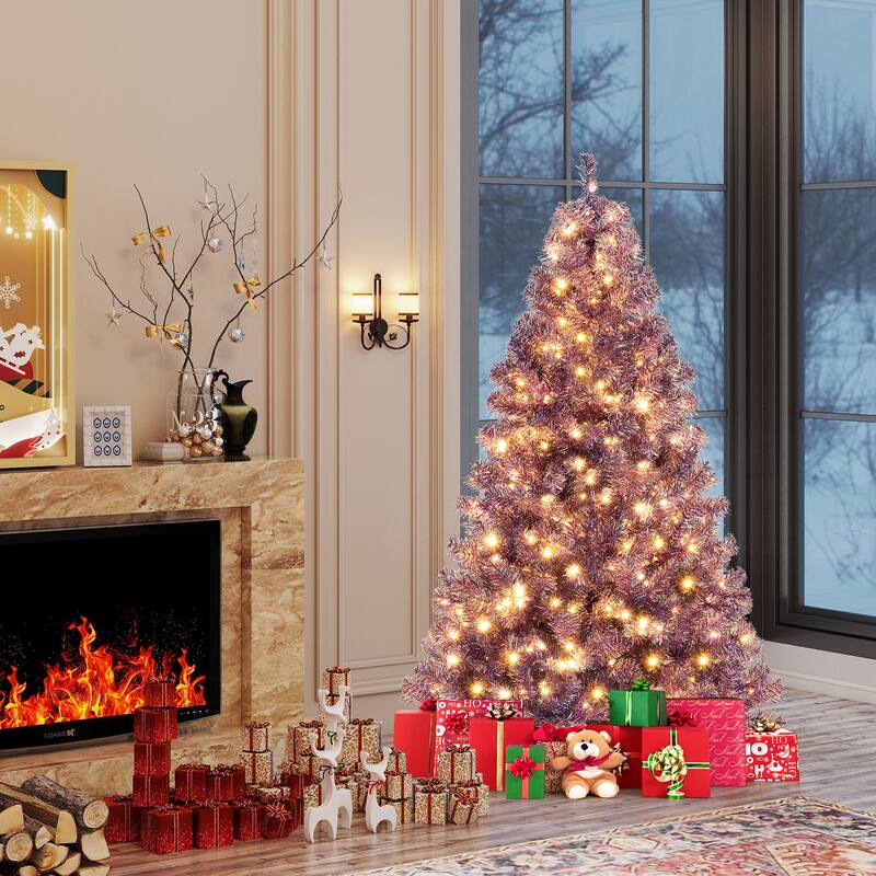 Gymax 6 FT Pre-Lit Tinsel Christmas Tree Artificial Xmas Tree w/ Lush