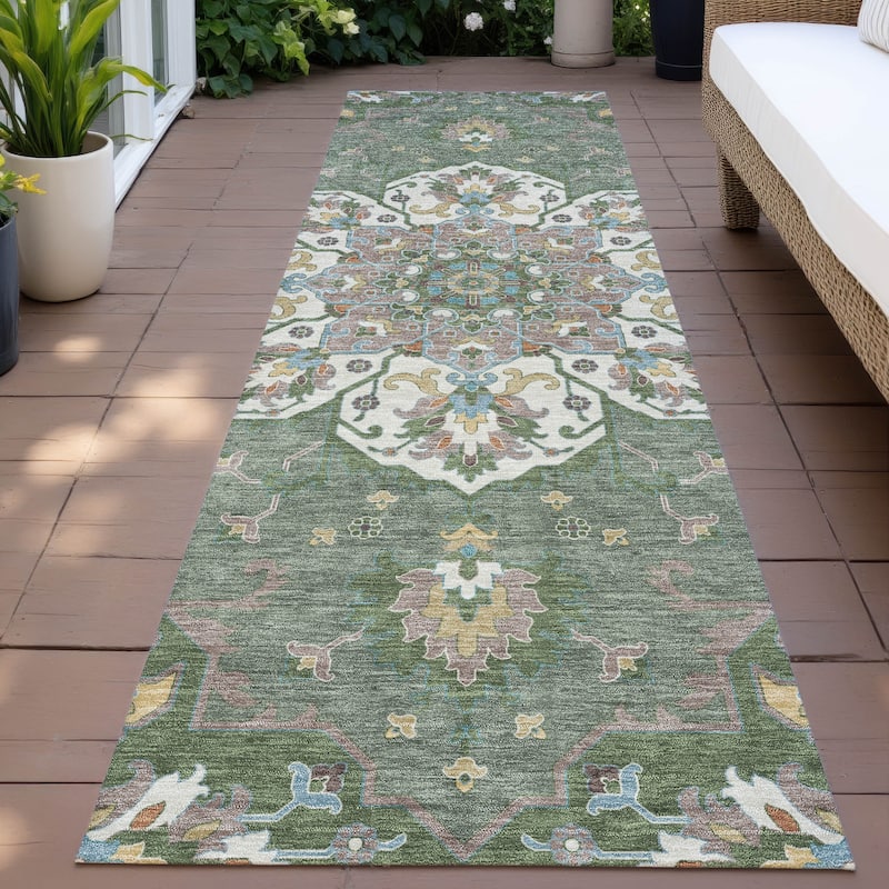 Machine Washable Indoor/Outdoor Traditional Heriz Chantille Rug - Green - 2'3" x 7'6"