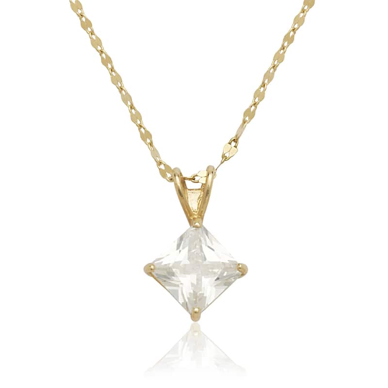 Curata 14K Gold 18" 6mm Princess Cubic Zirconia Solitaire Necklace - Yellow