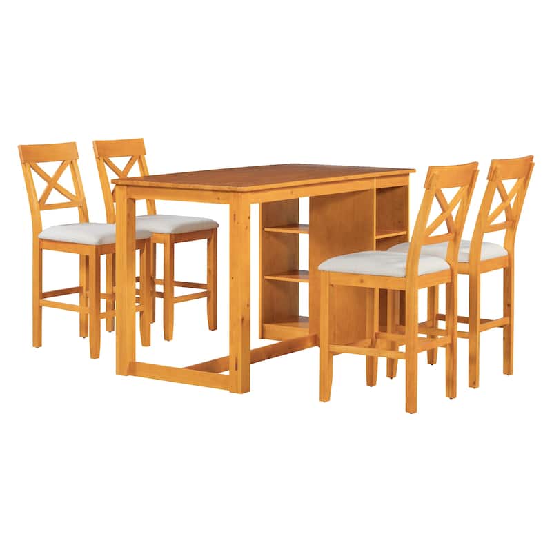 60"x30" Solid Wood Farmhouse 5-Piece Dining Set with Storage Shelves & Counter-Height Table, 4 Upholstered Chairs