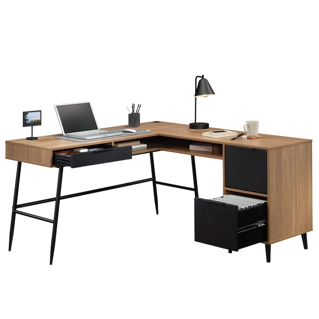 Wood L-Shaped Desk with Cord Management, Brown.