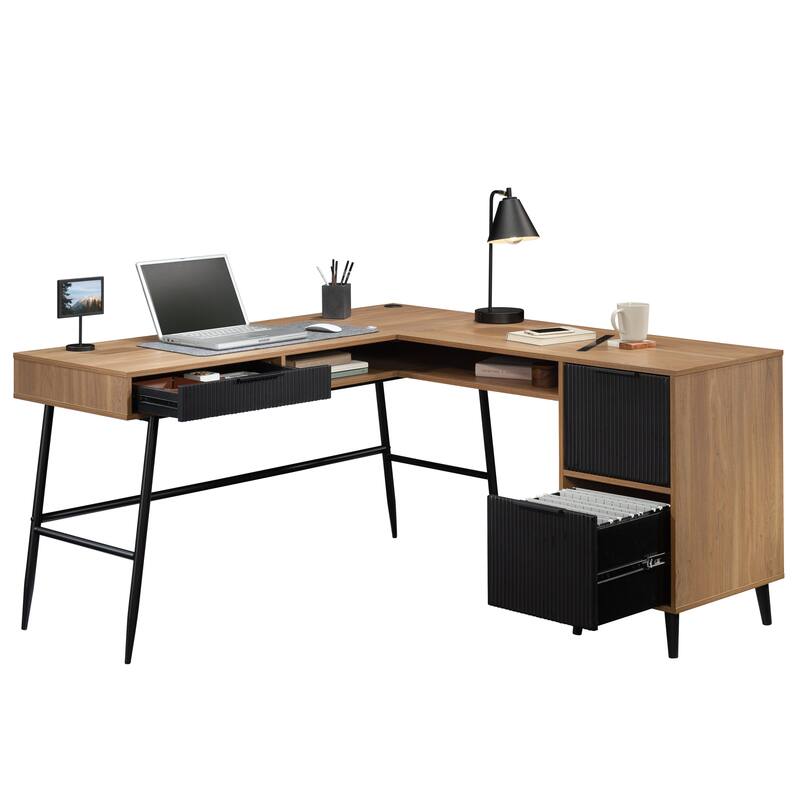 Wood L-Shaped Desk with Cord Management, Brown.