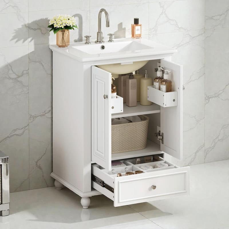 24" Bathroom Vanity with Ceramic Sink, Storage Cabinet with Soft-Close Doors and Drawer with Dividers