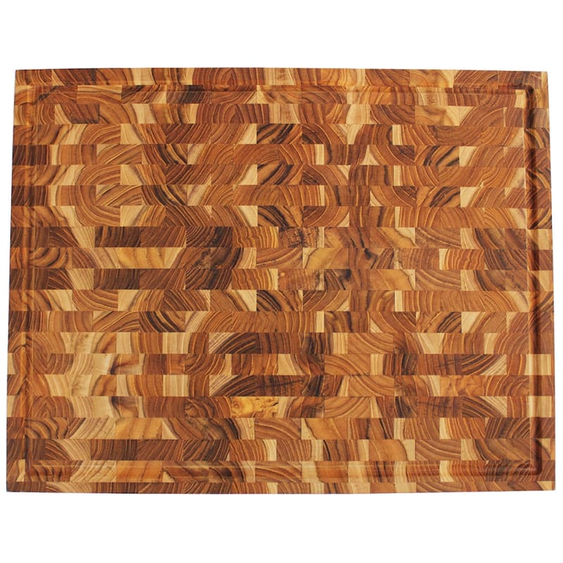 EcoDecors FSC Certified Teak Cutting Board 24" x 18", XL End Grain Butcher Block with Juice Groove, Side Handles