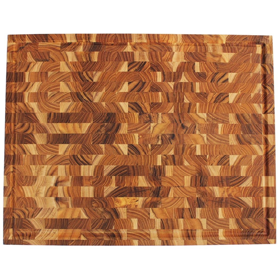 EcoDecors FSC Certified Teak Cutting Board 24" x 18", XL End Grain Butcher Block with Juice Groove, Side Handles