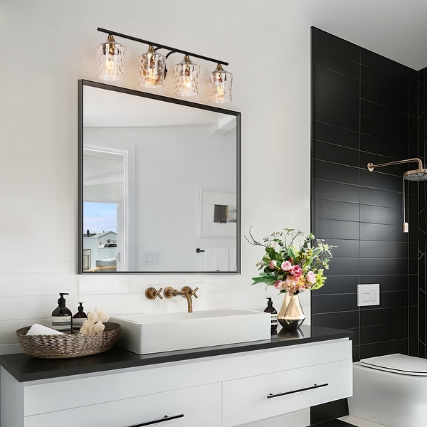 Mid Century Modern 4 Light Black Gold Bathroom Vanity Light Fixture Wall Lamps with Art Glass 28 L x 7 W x 7 H On Sale Bed Bath Beyond 35524064