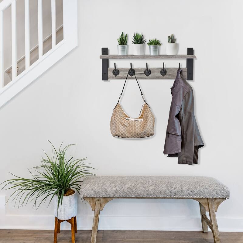 Sorbus Coat Hooks Wall Mount Floating Shelf with 5 Heavy Duty Hooks, Large and Extra Large
