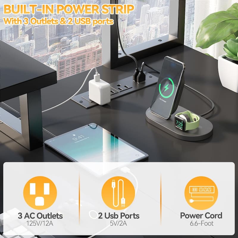 Farmhouse L-shaped Desk with Power Outlet, Gaming Table with Hutch and LED Light