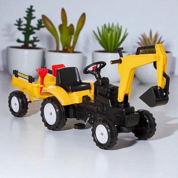 slide 2 of 9, Kids Pedal Ride-On Excavator Truck with Horn, Manual Digger, 6 Wheels, Detachable Trailer, for Ages 3-6, No Power Needed Yellow