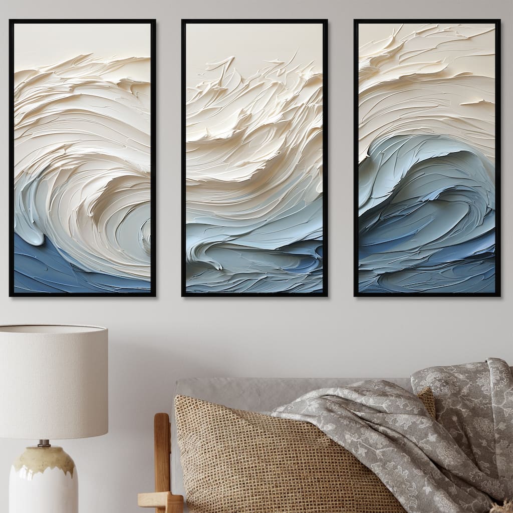 Designart "White And Blue Wave Papercut Style" Coastal Waves Framed Art Set of 3 - Nautical & Coastal Wall Art Set