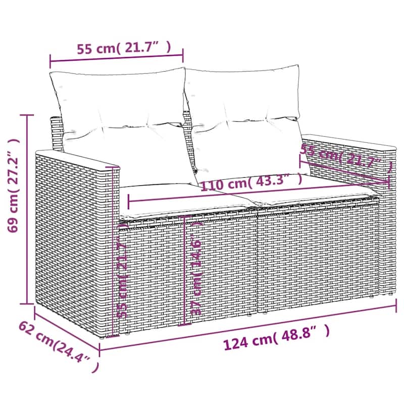 vidaXL Patio Sofa Set with Cushions Outdoor Conversation Furniture Poly Rattan - 24.4 x 24.4 x 27.2 in