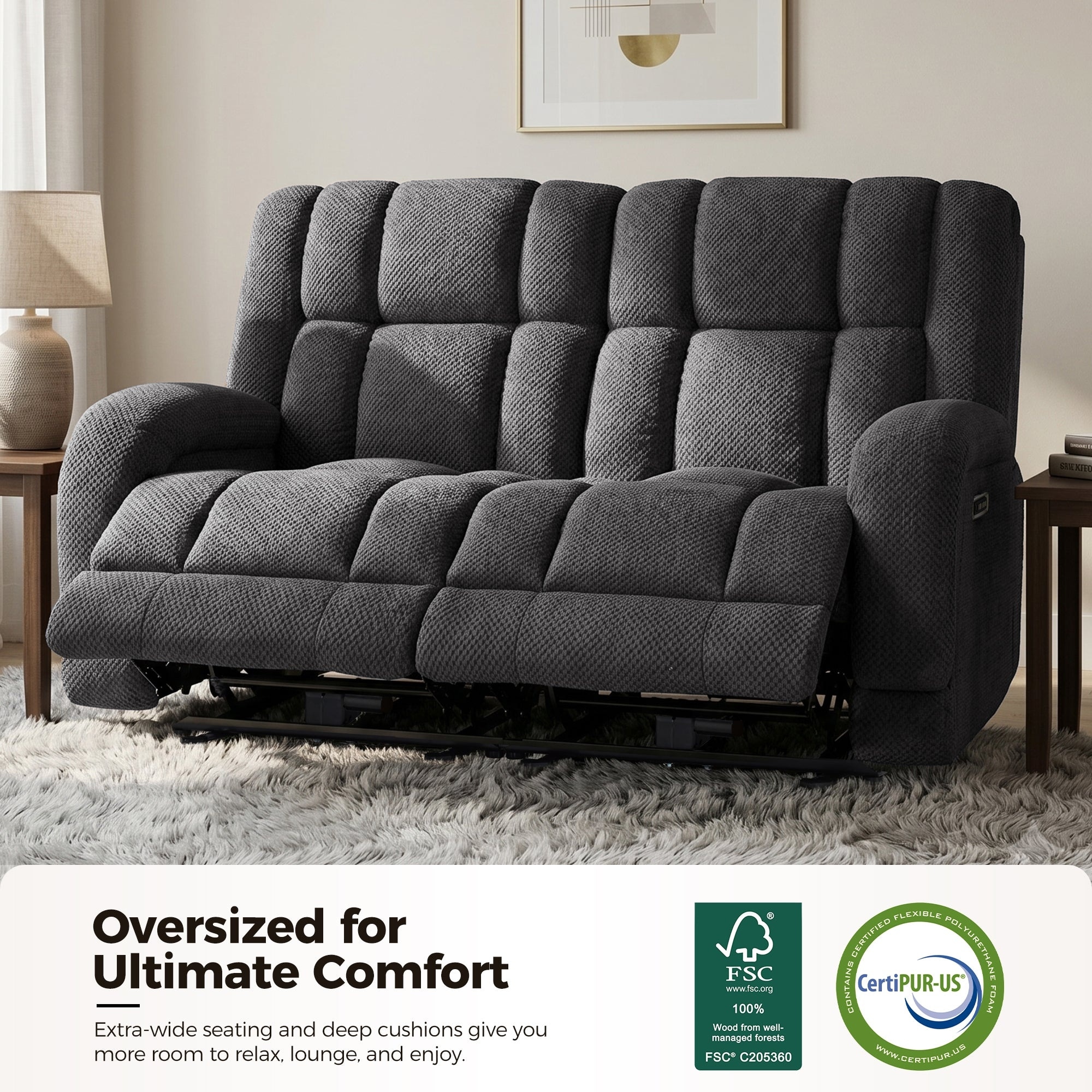 MCombo Power Recliner Loveseat Sofa with Adjustable Headrest, Heat and Massage, Fabric 6855