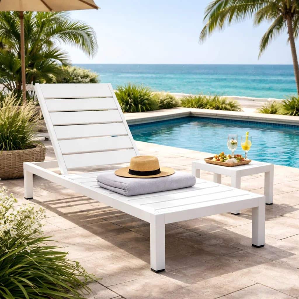 Josh 76 Inch Outdoor Chaise Lounger, White Aluminum Frame, Adjustable