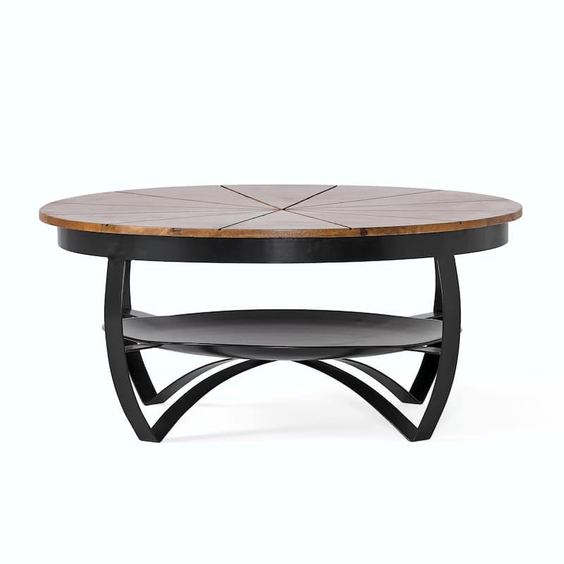 Modern Industrial Coffee Table with Mango Wood Top and Metal Shelf