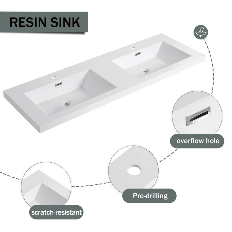 59-inch Double Sink Bathroom Vanity with Adjustable Shelves, Soft-Close Hinges, Resin Basin
