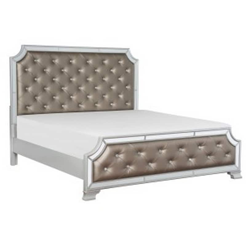 Badra Queen Bed with Crystal Button Tufting, Mirror Trim, Gray Faux Leather