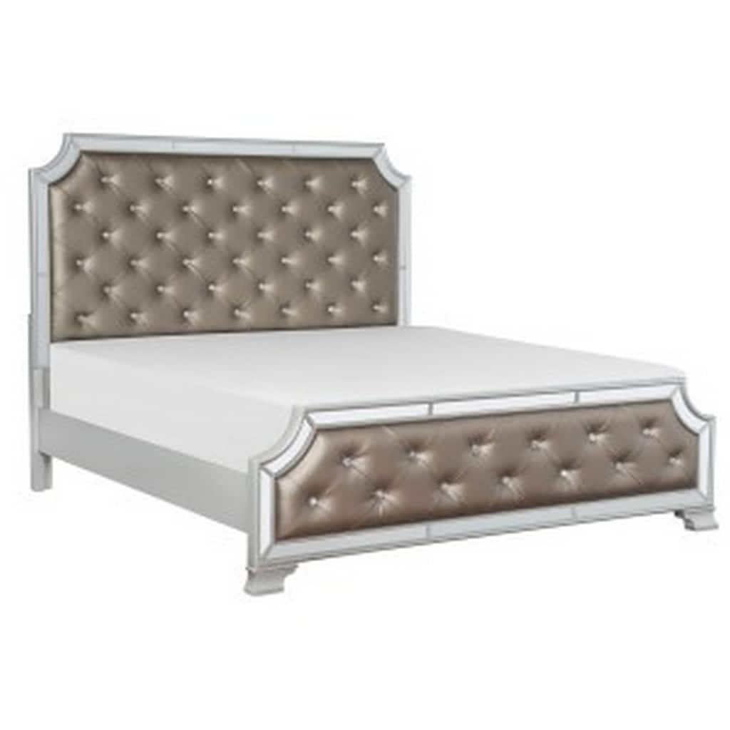 Badra Queen Bed with Crystal Button Tufting, Mirror Trim, Gray Faux Leather