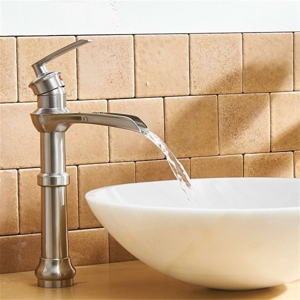 slide 1 of 27, Waterfall Single Handle Bathroom Vessel Faucet With Drain Assembly Single Hole Vessel Sink Faucets Modern Basin Vanity High Tap Brushed Nickel