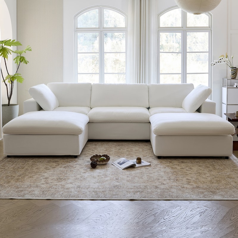 Lesly Free Assembly Sofa Feather Filled Comfort Sofa - 3Seaters+2Ottomans - White