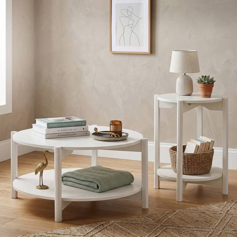 Furniture of America Rovion 2-Piece Round Wood Coffee Table Set with Open Bottom Shelf - White