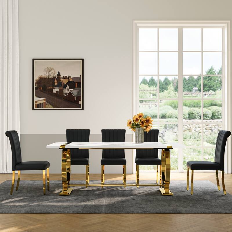 Modern White Dining Table with Polished Stainless Steel Circle Base