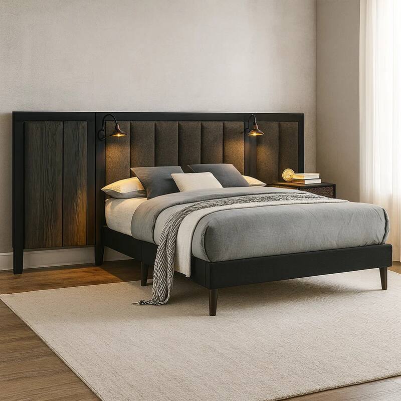 Fel Queen Size Bed, Dark Brown Wood Frame, Upholstered Headboard
