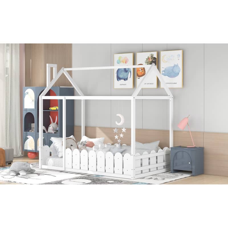 Twin Size Wood House Bed Frame with Fence for Kids and Teens, White