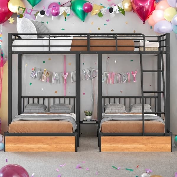 slide 2 of 15, Full Over Twin & Twin Bunk Bed, Metal Triple Bunk Bed with Drawers and Guardrails Black