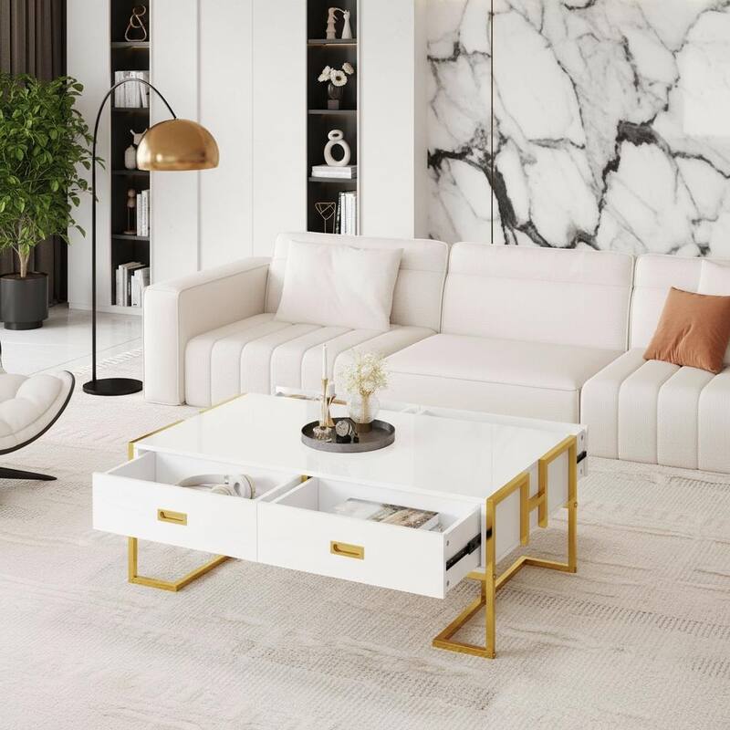 Modern Glam Rectangular Coffee Table with 4 Hidden Drawers by Harper&Bright Designs