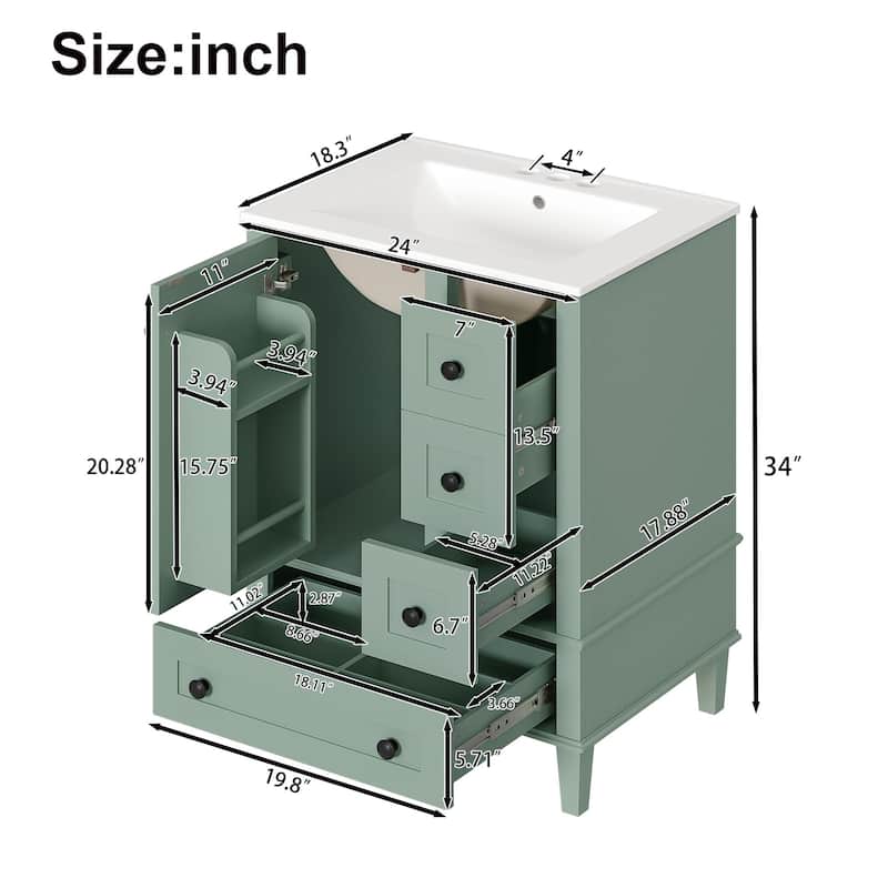 24" Bathroom Vanity with Integrated Ceramic Basin - Soft-Close Drawers, Door-Mounted Shelf