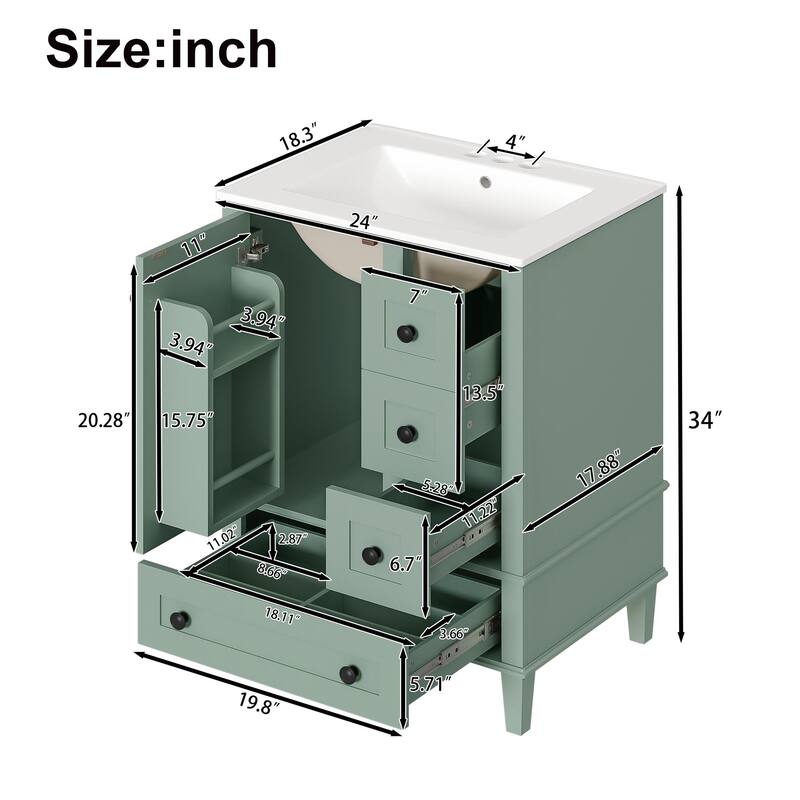 24-Inch Bathroom Vanity With An Integrated Ceramic Basin, Featuring A Door-Mounted Double-Layer Shelf, Soft-Close Drawers