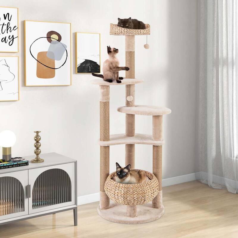 Costway 65" Cattail Cat Tower with Jute Scratching Posts Perch Basket - See Details
