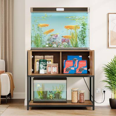 Large Wood Fish Tank Stand, 20-29-37 Gallon Aquarium Stand with Power Outlets & Cabinet Storage