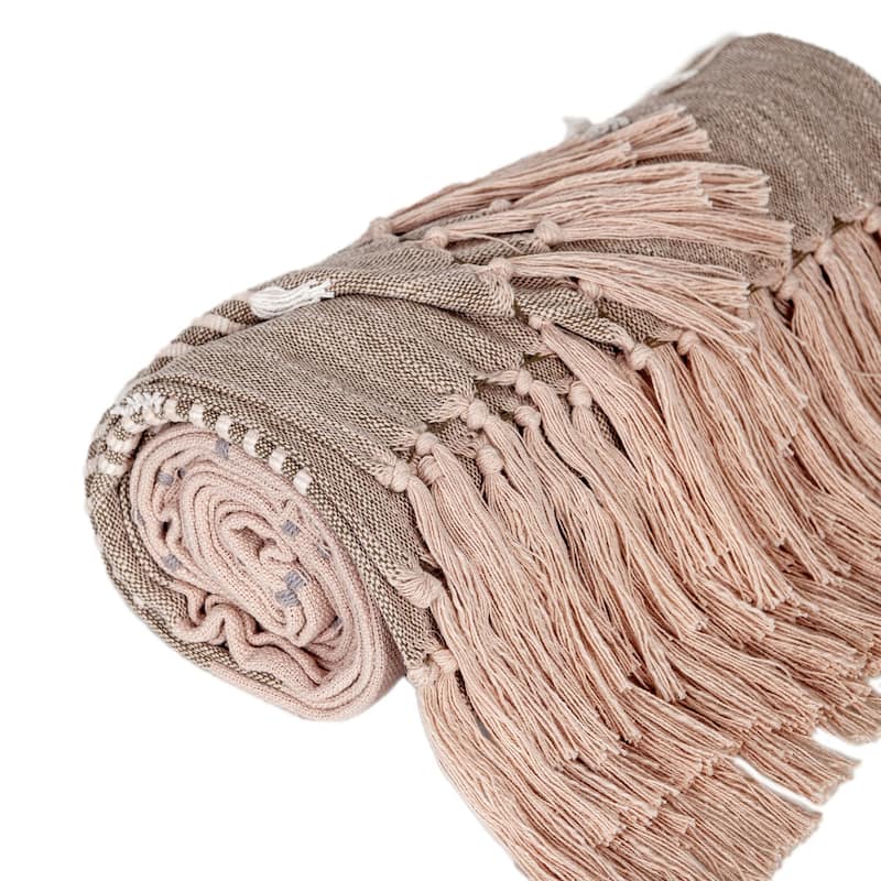 HomeRoots 50" X 60" Brown and Tan Woven Cotton Striped Throw Blanket with Fringe and Embroidery