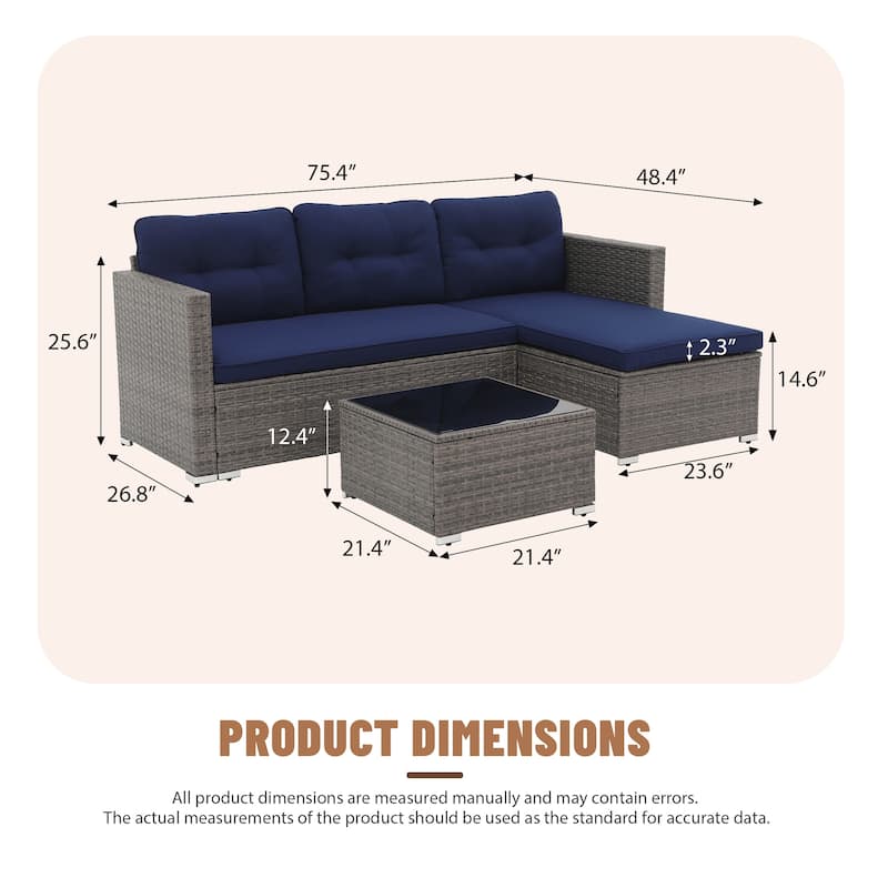 L-Shaped Outdoor Sectional Sofa, PE Wicker Patio Sofa Set with Table and Cushions