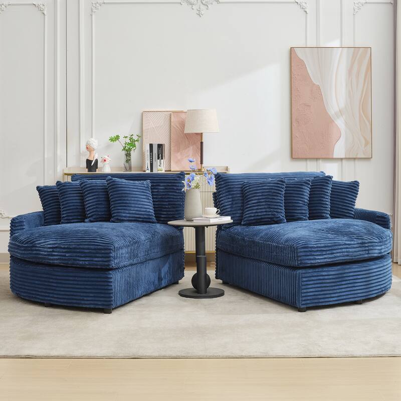 Oversized Fan-shaped Corduroy Couch, 2-piece Sectional Sofa with 4 & 8 Throw Pillows