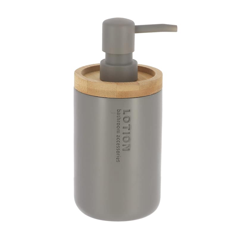Elegant Soap Dispenser - Polyresin and Bamboo Design, Refillable Liquid Pump - 3 L x 3 W X 7 h - Gray