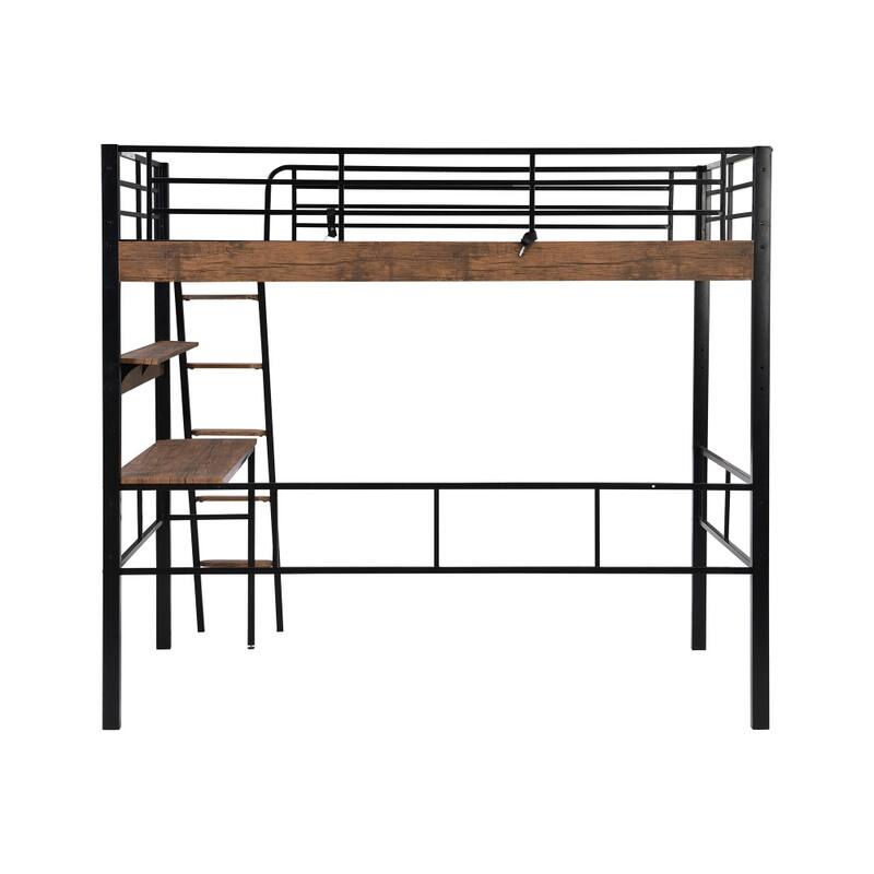 Full Size Metal Ladder Loft Bed with Builtin Desk and Storage Shelf