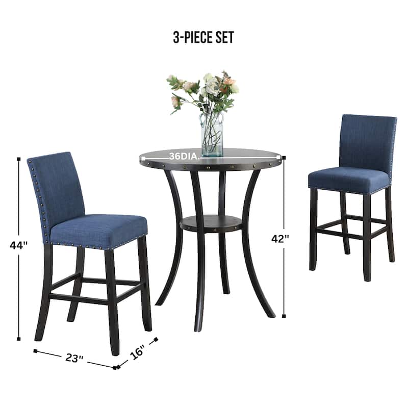 Roundhill Furniture Biony 3-Piece 36" Round Espresso Bar Table with 2 Nail Head Barstools