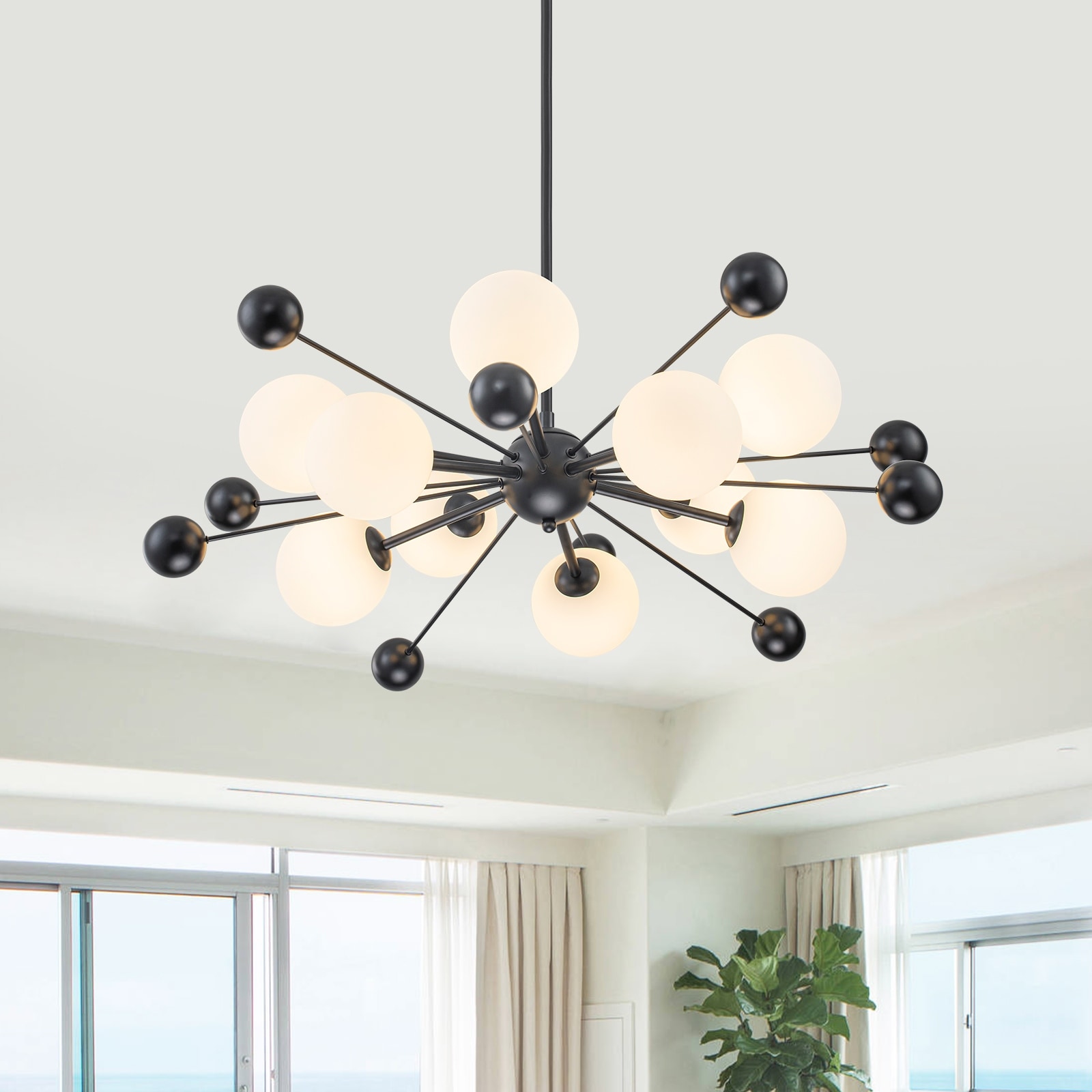 Matte Black Sputnik Chandelier Opal Glass Globes Mid-Century Modern - Dia.31.5-in