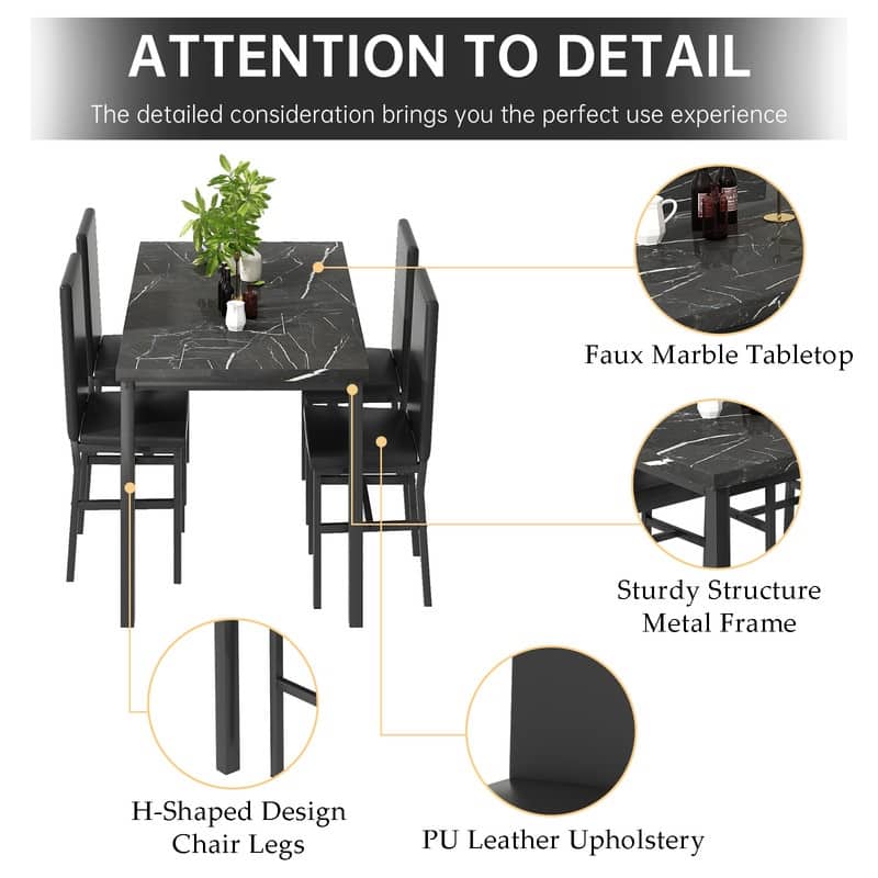 Grondin Modern Contemporary 5 Pieces Dining Table Set with Faux Marble Top and 4 PU Leather Upholstered Chairs