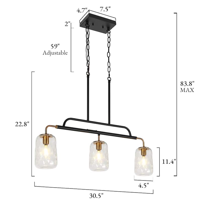 Modern 3-Light Glass Island Chandelier Linear Black Gold Pendant Lights - D 30.5" x H 22.8"
