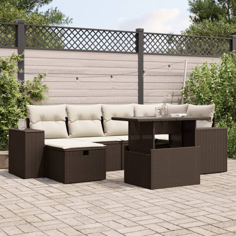 vidaXL Patio Sofa Set with Cushions Outdoor Furniture 7 Piece Poly Rattan - Brown and cream - 21.7 x 39.4 x 28.7 in