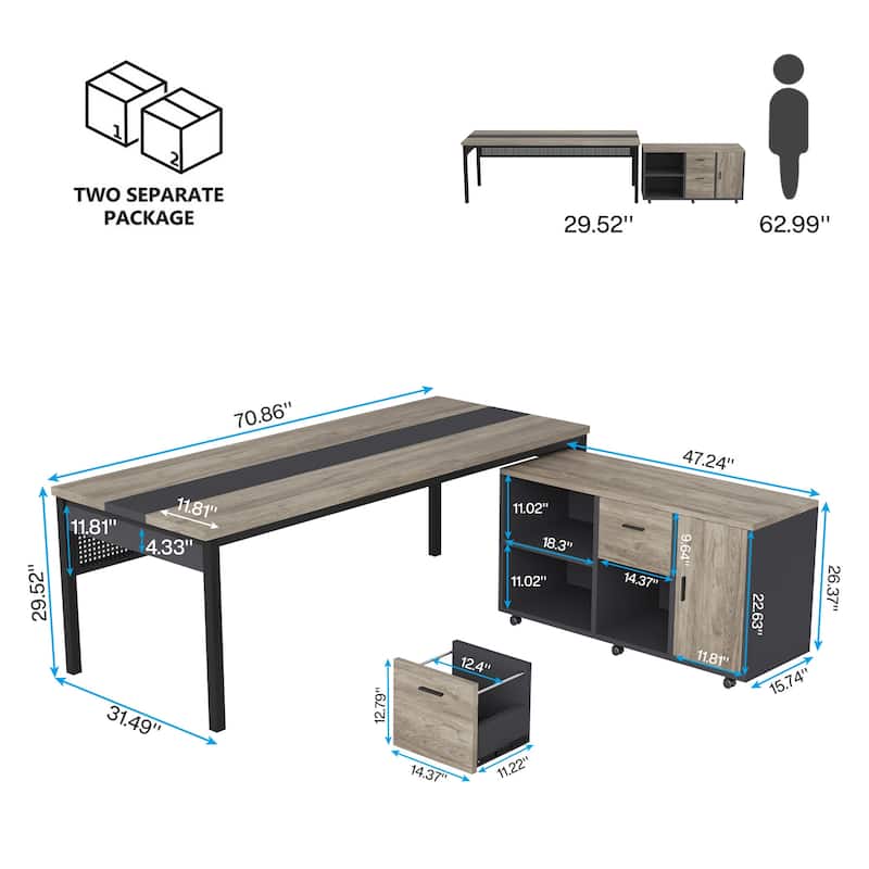Modern Executive Desk, 70.8'' Computer Desk with 47 inch Lateral File Cabinet for Home Office - Gray and Black
