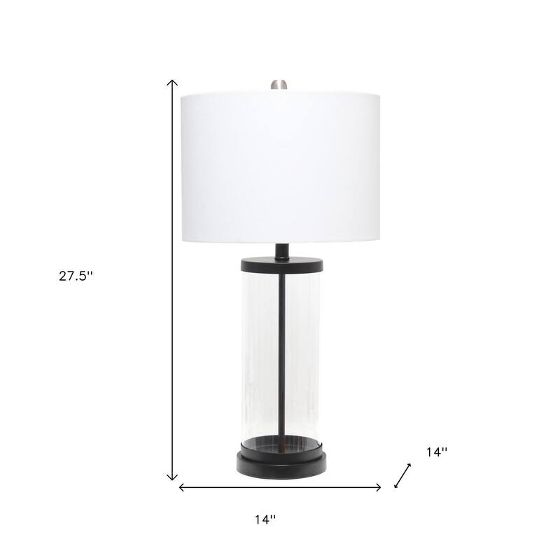 HomeRoots 28" Clear And Black Glass And Metal Table Lamp With White Drum Shade - 14.00 in. x 27.50 in. x 14.00 in.