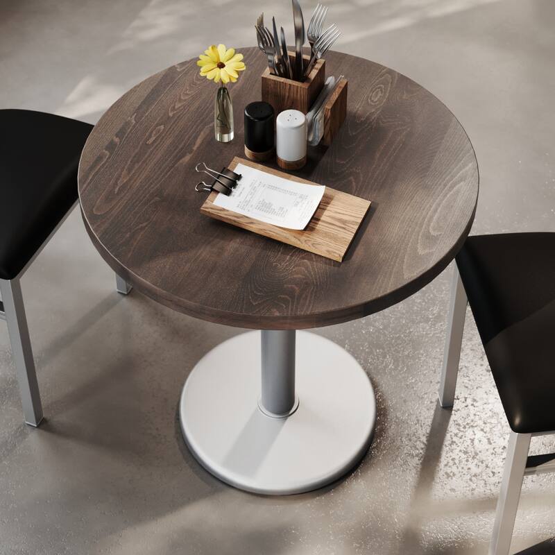 Round Solid Wood Commercial Tabletop with 18" Round Dining Height Base - 30"W x 30"D x 29.5"H - Dark Brown Top/Silver Base