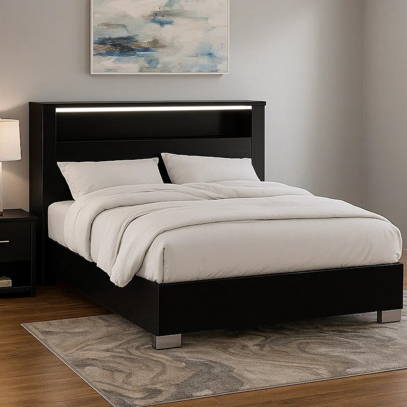 Cari King Size Bed w LED Lit Bookcase Shelf, Black, Chrome, Solid Wood