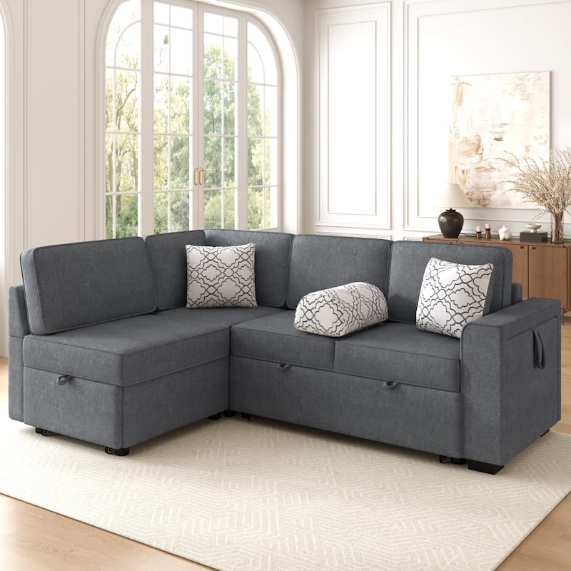 Roomfitters Convertible L-Shaped Sectional Sofa Bed with Dual Sleepers, Flip-Top Table, USB, Cup Holder & Storage