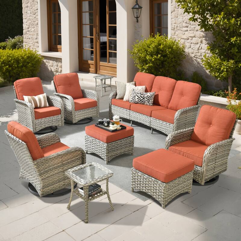 OVIOS 9-piece Patio Wicker Conversation Furniture Set - Orange/Red