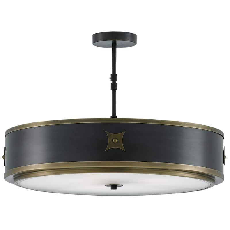 Currey & Company Huntsman Black Semi-Flush Mount - 17.75"h x 24.5"dia - 17.75"h x 24.5"dia - Satin Black/Antique Brass/White